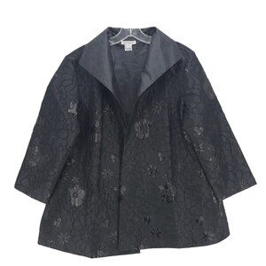 GRACE CHUANG Jacket Open Front Black Floral Textured Sheen Size LARGE